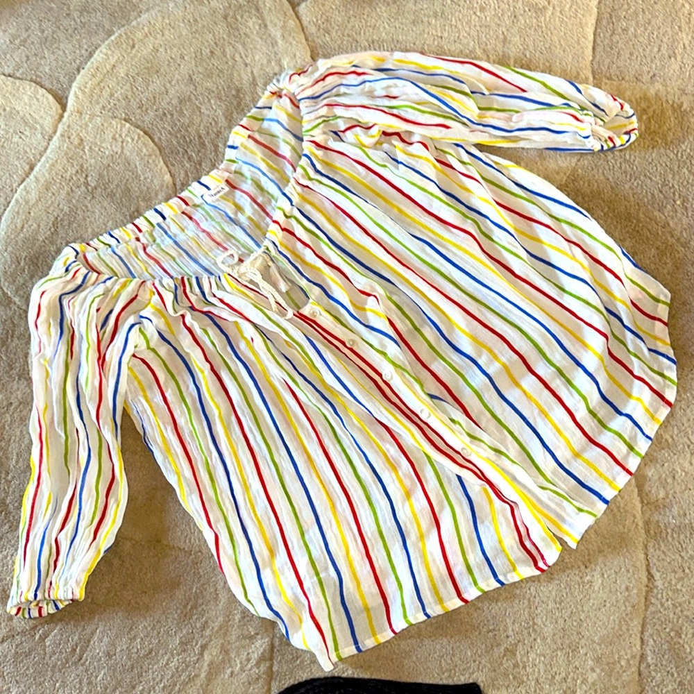 Vitamin A rainbow striped button down cover up with front tie size XS